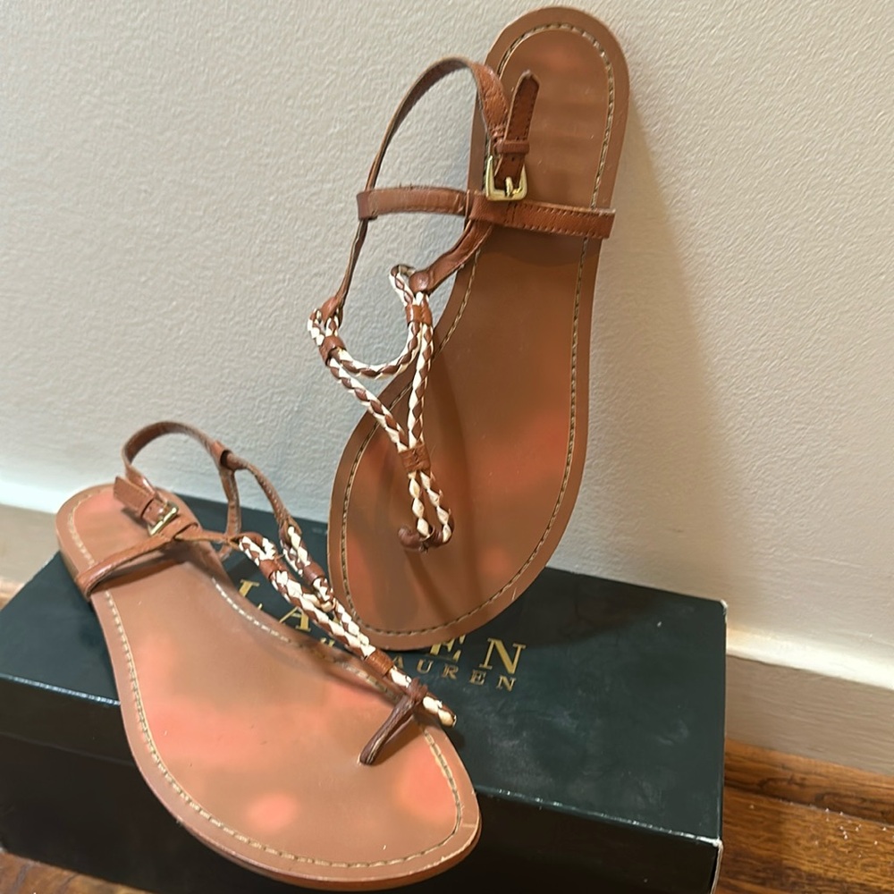 Lauren Ralph Lauren Alexa thong braided sandals in tan and white size 10